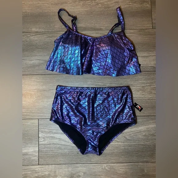NWT SET 🌊🧜♀️Torrid Iridescent Mermaid Scale Wireless Straight Flounce Bikini - Picture 4 of 11
